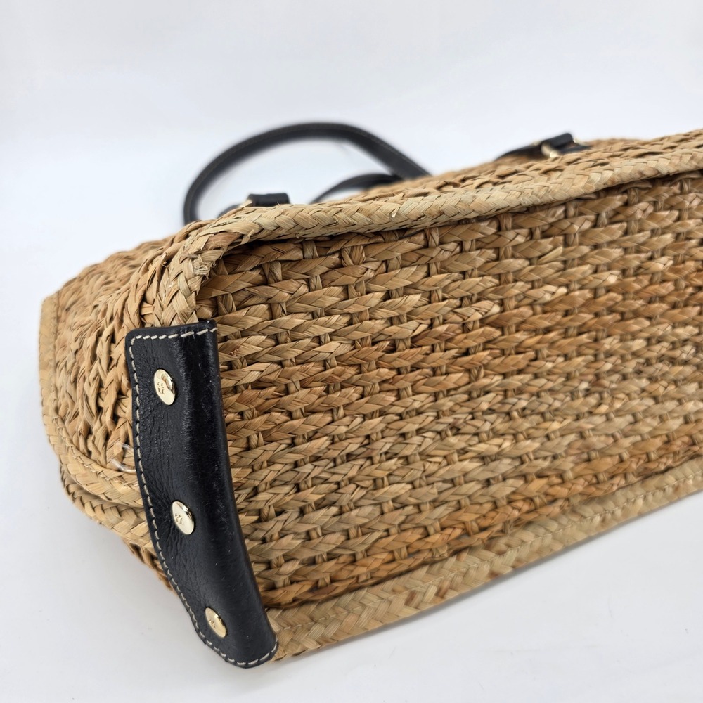 Kate Spade New York Woven Straw Shoulder Bag Tan Black Leather Trim Turnlock - Picture 10 of 12
